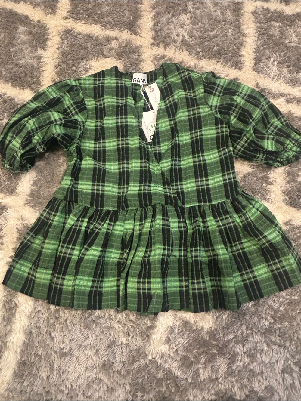 Ganni Green and Black Plaid Peplum women’s blouse. Size 4. NWT